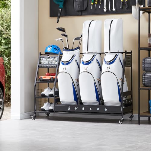 Lauren&Harold 3 Golf Bag Organizer Garage Storage, Golf Storage Rack Stand Fits 3 Golf Bags, Golf Clubs and Other Golfing Equipment Accessories, Large Golf Organizer for Garage, Club, Basement, Black