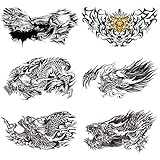 THAPOR Dragon Temporary Tattoo for Men, 6-Pack Large Realistic Back Chest Tattoos Stickers, Long-lasting Horizontal Tiger Death Fake Tattoos, Makeup for Adults Body Shoulder