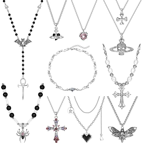 Sanfenly Vintage Gothic Necklace Set for Women Punk Grunge Cross Heart Bat Spider Angel Wing Saturn Skull Pendant Layered Choker Statement Necklaces