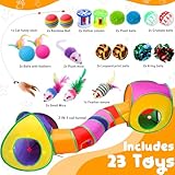 VercanMonth 21 Pcs Cat Tunnels for Indoor Set, 3 In1 Collapsible Cat Tunnel Toy with Cube Tent Toys Combo and 20 Pcs Interactive Kitty Toys Feather Toy Fluffy Mouse Crinkle Balls for Kitten Puppy