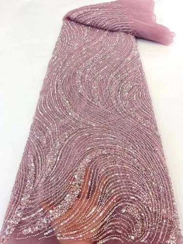 Heavy Beaded and Sequins Wedding French Net Lace Fabric 5 Yards Per Lot (Pink,5 Yards)