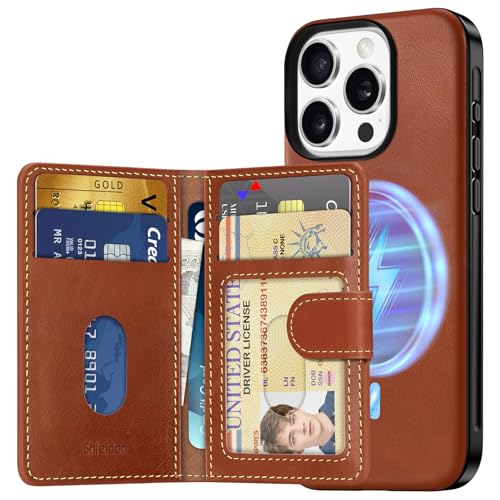 SHIELDON Genuine Leather Case for iPhone 16 Pro 6.3", Detachable Magnetic RFID Blocking Card Wallet Holder with ID Window, Slim Wireless Charging Phone Case Compatible with iPhone 16 Pro - Retro Brown