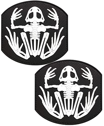 Heiorpai 2Pcs Glow in Dark Seals Bone Frog Skull Skeleton PVC Rubber Patch Decorative Hook Fasteners Backing Patch