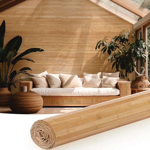 Juexica 1 Pcs Natural Bamboo Wall Panel for Interior Wall 48'' x 96'' Bamboo Covering Renewable Pole Wainscoting Room Divider Decor for Bedroom Living Room Kitchen Island Office (Carbonized)