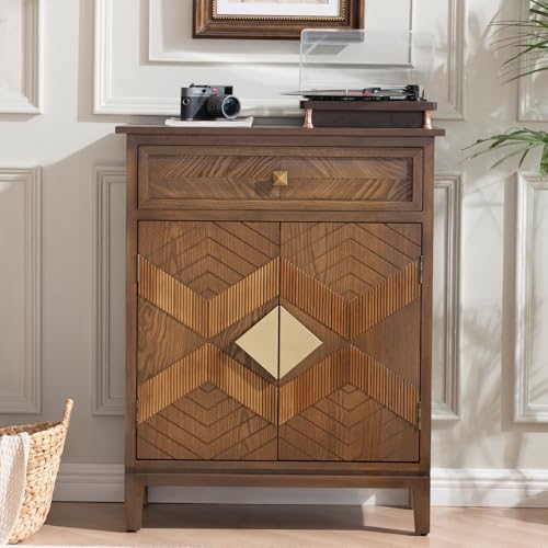 Ahokua Mid-Century Modern Accent Cabinet with Drawer and Doors, Geometric Inlay Sideboard, Retro Brown Storage Cabinet for Living Room, Entryway, and Dining Room