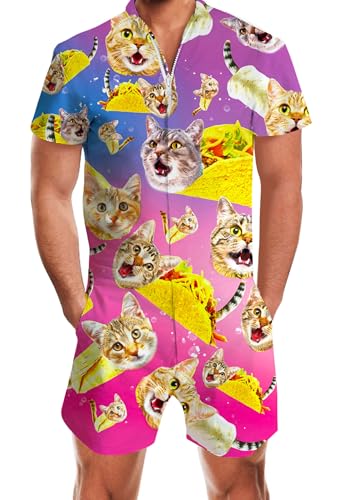Goodstoworld Mens Jumpsuit Funny Taco Cat Male Romper Rave Adult Boys Summer Beach Party Jumpers Overall Cargo One Piece Pant Short Outfits