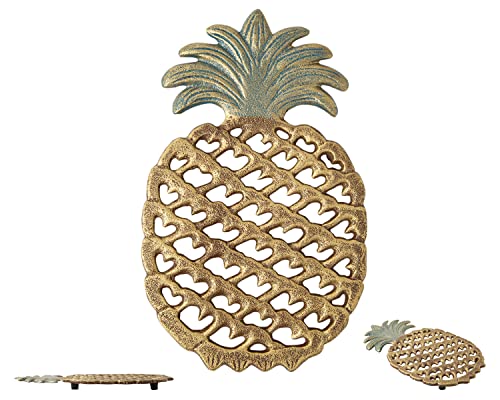 Cast Iron Pineapple Trivet - Decorative Cast Iron Trivet for Kitchen Or Dining Table - Vintage, Rustic Design - Protect Your Countertop from Hot Dishes - with Rubber Pegs/Feet - Recycled Metal