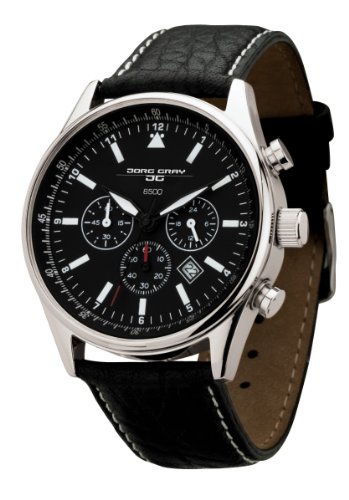 Jorg Gray JG6500 Non-Commemorative Round Watch with Black Italian Buffalo Grain Leather Strap with White Stitches