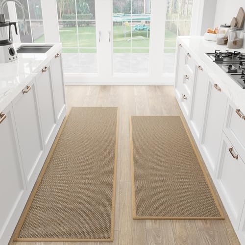 SUMLANS Kitchen Mat Set of 2 PCS, Cushioned Non Slip Rugs for Kitchen Floor, Absorbent Runner Comfort Standing Mats Washable for Kitchen, Office, Home,(Brown, 17.3"x47"+17.3"x71")