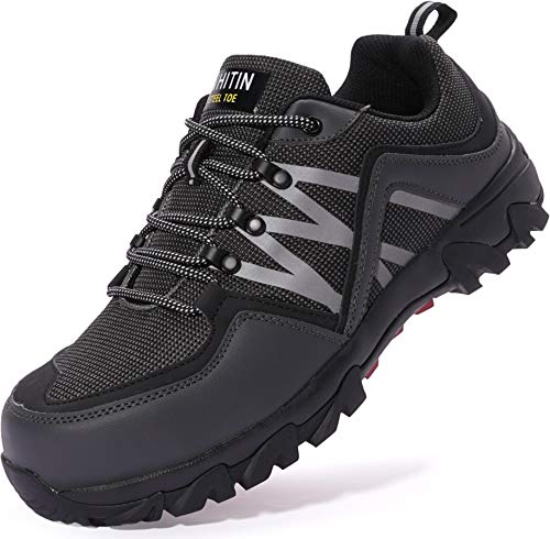 WHITIN Grey Steel Toe Shoes Men Slip Resistant Indestructible Work Shoes Size 8 Safety Composite Toe Anti-Puncture Tennis Athletic Heavy Duty Sneakers for Male