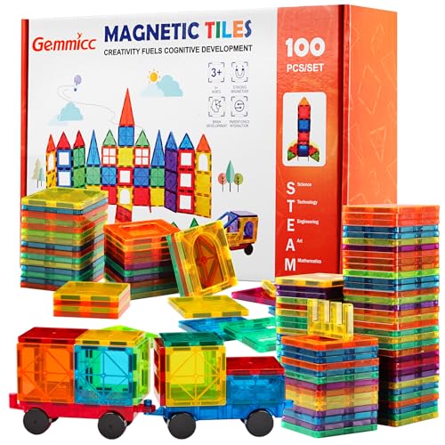 Gemmicc Magnetic Tiles 100 PCS with 2 Cars, STEM Approved Educational Magnet BuildingToys, Magnet Puzzles Stacking Blocks for Boys Girls