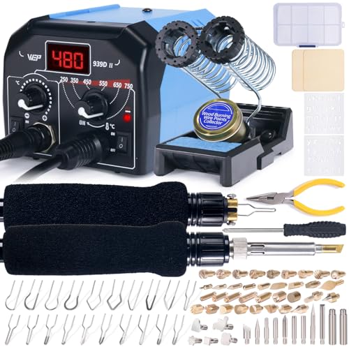 WEP 939D-II 2-IN-1 Wood Burning Kit 86-IN-1 with 51 Solid Points and 20 Wire Nibs Wood Burner with 2 Letter Number Stencils, 2 Unfinished Wood, 1 Pen Holder, Burning Tool