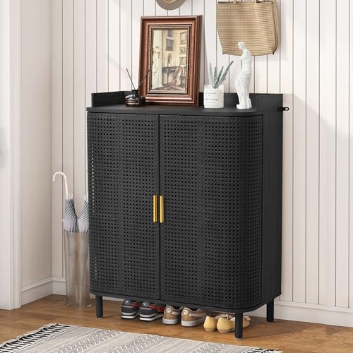ORRD Shoe Cabinet, 5 Tier Boho Wooden Shoe Storage Organizer Cabinet with Adjustable Shelves, Shoes Rack with Iron Rattan Curved Doors Accent Cabinet for Entryway Hallway Living Room, Black