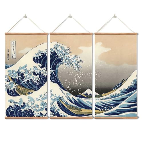 xinyuru Japanese Traditional Art The Great Wave Off Kanagawa by Hokusai,Hanging Poster with Wood Frames,Ready to Hang Decorative Wall 16''x32'' x 3 Piece Set