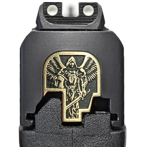 Milspin Slide Back Plate Compatible with Smith and Wesson M&P Shield Subcompact | Deep Engraved | Veteran Made in USA (Black on Brass 3D St. Michael)