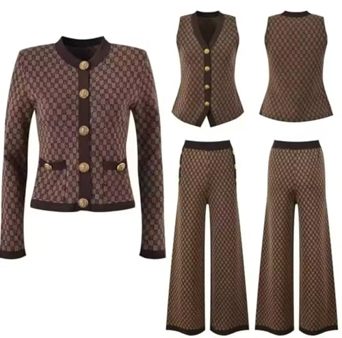 Women's 3-Piece Knit Set, Checkered Pattern, Jacket with Gold Buttons, Vest, Wide-Leg Pants, Brown (Brown, XL(12))