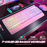 Pink Creamy Keyboard, 104 Keys All-Metal Panel, Rainbow LED Backlit Silent Gaming Keyboard, Wrist Rest, PBT Keycap, Anti-ghosting Keys, Light Up USB Wired Computer Keyboard for PC