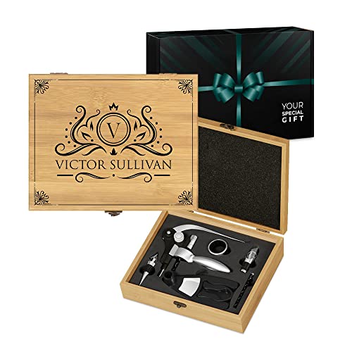 Maverton Wine opener tools in bamboo box - Engraved set for men - Wine accessories for gentleman - Wine opening Kit in wooden box for him - Must-have for wine connoisseur - SURNAME