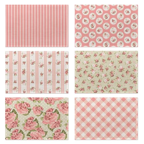 Spring Shabby Chic Placemats Set of 6,Washable Heat Resistant 12×18 Inch Linen Table Mats Rose Place Mats for Party Outdoor Dining Décor