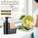 Shinowa Dish Soap Dispenser with Sponge Holder, Refillable Kitchen Dish Soap Dispenser Pump, 2-in-1 Countertop Soap Pump Dispenser for Kitchen Sink and Bathroom, Gravel Black