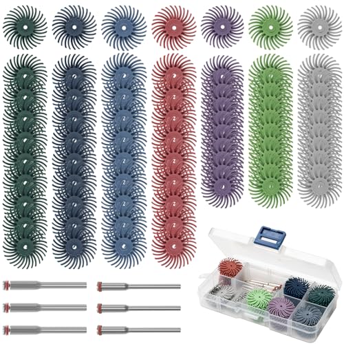 Junchamp 76Pcs 1 Inch Radial Bristle Disc Kit with 1/8" Shank for Rotary Tools,Detail Abrasive Brush for Jewelry Wood Metal Polishing, Bristle Wheel with Grit 80-2500
