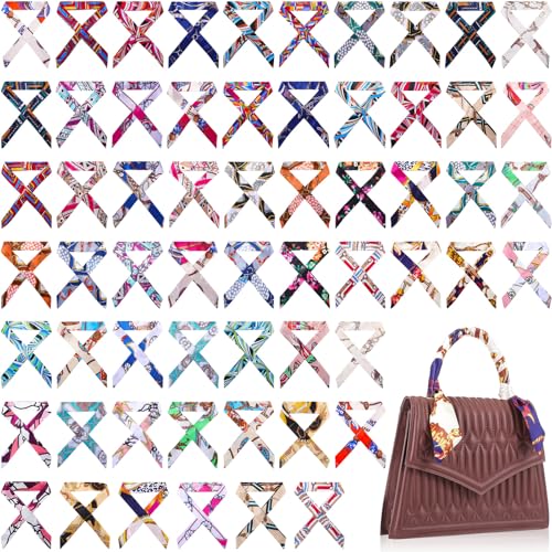 Cutecrop 60 Pcs Skinny Purse Scarf for Women Handbag Scarves Ribbon Satin Head Neckerchief Silk Headband Charm for Decoration (Classic Style)