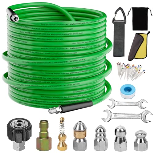 Sewer Jetter Kit for Pressure Washer,Water Jet Drain Cleaning Hose with Corner Rotating Button Spring Nose 1/4" NPT Sewer Cleaning Tool High-Pressure Nozzles,5800 PSI 100 FT