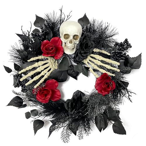 Halloween Skull Wreath with Hands, Red and Black Artificial Roses and Plants, 16 Inch Gothic Garland Creepy Decor for Home Front Door and Window