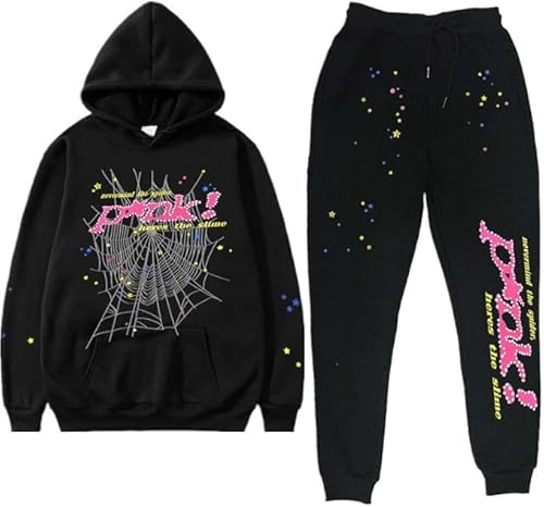 Spider Web Graphic Sweatsuit Set, 2 Piece Hoodie and Joggers, Black and Blue (US, Alpha, Medium, Regular, Regular, Black-p)