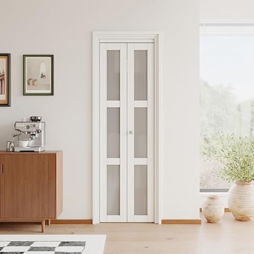 JuJuBon Bifold Doors, 24"x 80" 3-Lite Tempered Frosted Glass Closet Door with Sliding Hardware Kit, Interior Bi Fold Doors for Pantry, Solid Build Quality & Easy Install, White
