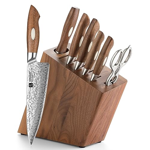 XINZUO 8 Piece Damascus Kitchen Knife Set with Block and Sharpener, Japanese AUS-10 Professional Chef Knife Set with Multifunctional Kitchen Scissors,Black Walnut Wood Handle,Exquisite Box Package