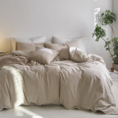 MooMee Striped Duvet Cover Set 100% Washed Cotton Linen Like Textured Breathable Durable Soft Comfy (Tannish Linen Grey White Wide Stripes, Queen 90"x90")