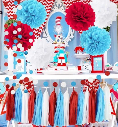 Dr Party Decorations/Thing 1 and Thing 2 Birthday Party Decorations Cat in the Hat Birthday Party/Dr Baby Shower Decorations Turquoise White Red Tissue Pom Pom