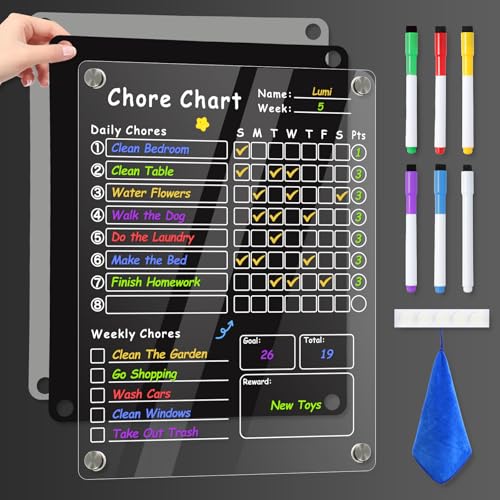 Acrylic Magnetic Chore Chart for Kids, Chore Board, Dry Erase Chore Chart, 12"x9.5" Transparent Erasable Reward Chart for Teens and Adults Chore Checklist with 6 Markers and Towel