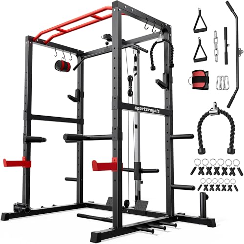 Sportsroyals Power Rack, Multi-Functional Power Cage with LAT Pulldown Pulley System, Squat Rack with More Training Attachments for Home Gym (RED)，1200 lbs Weight Capacity