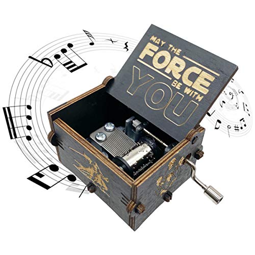 Music Box, Wooden Hand Crank Unique Musical Boxes Theme Starwars, Mini Antique Vintage Craft Laser Engraved Home Decorations for Christmas, Wedding, Valentines, Birthday Gifts(Black)