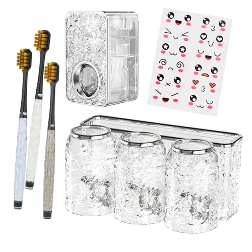 Toothbrush Holders Set for Bathrooms，Water Ripples Wall Mounted Toothbrush Holder + Premium Ultra Fine Soft Bristle Crystal Tooth Brush + Wall Mounted Toothpaste Squeezer + Emoji Stickers