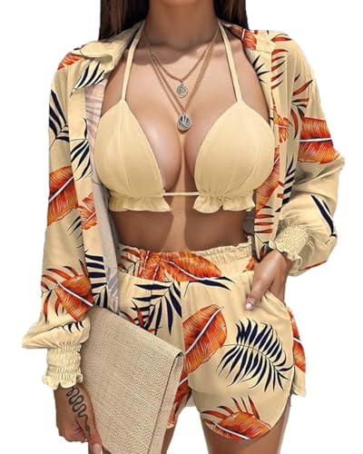 UOUA 3 Piece Swimsuits for Women Hawaiian Outfits Floral Tropical Bikini & Short Sets Summer Beach Sexy Cover Ups Luau Party Khaki XL