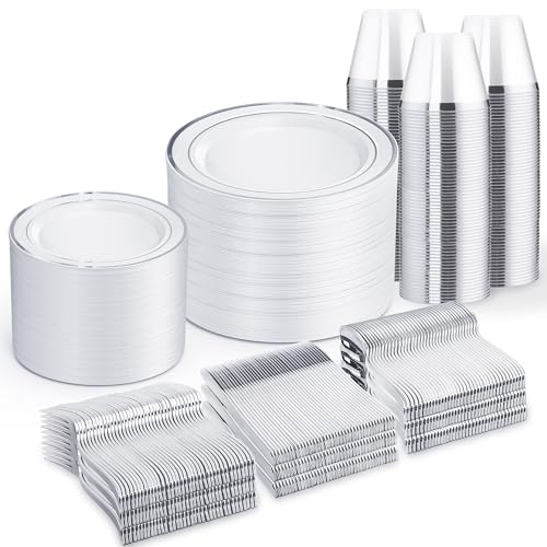 WELLIFE 600 PCS Silver Disposable Dinnerware Set for 100 Guests, Silver Plastic Plates for Party, 100 Each-Dinner & Salad Plates, Cups, Forks Knives Spoons for Wedding and Easter Events