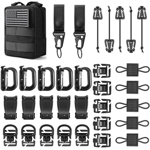 FRTKK Molle Accessories Kit of 34 Attachments for Tactical Backpack Belt Vest D-Ring Locking Gear Clip for 1“ Webbing Strap