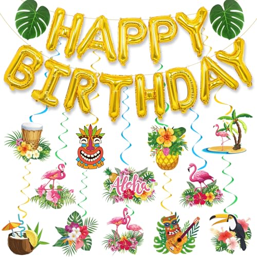 Luau Birthday Party Decorations, Gold Hawaiian Happy Birthday Balloons Banner with Leaves 12pcs Hawaiian Hanging Swirls for Aloha Hawaiian Luau party Decorations Tropical Party Decorations