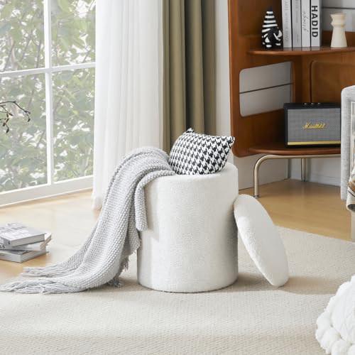 YFO Round Boucle Ottoman with Storage, Multifunctional Upholstered Vanity Chairs for Makeup, Soft Padded Seat with Removable Lid, Modern Rest Stool Seat for Bedroom, Detachable Fabric, Bedroom, White