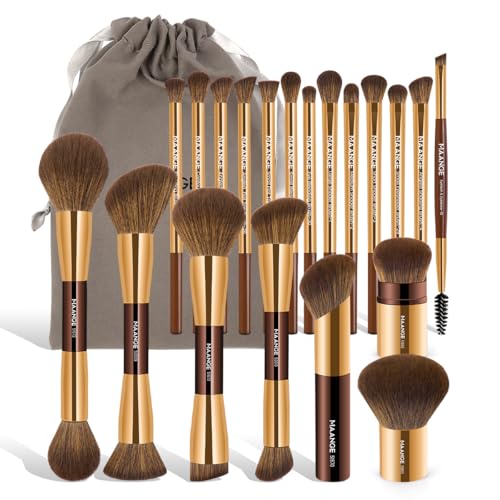 MAANGE 20 PCS Foundation Makeup Brush Set, Double-ended Kabuki Brush Contour Brush for Liquid Powder Concealer Cream Cosmetics Blending Blush Buffing Face Makeup Tools (Coffee Gold)