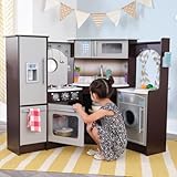 KidKraft Ultimate Corner Wooden Play Kitchen with Lights & Sounds, Play Phone and Curtains, Espresso, Gift for Ages 3+