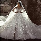 GREOENEL Amor Luxury Ball Gown Wedding Dresses Beading Flowers Tulle Saudi Arabic Dubai Bridal Dresses Cathedral Train (as1, Alpha, one_Size, Regular, Regular)