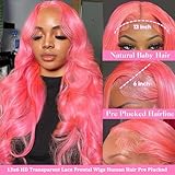 30 Inch Pink Lace Front Wig Human Hair Pink 13x6 Body Wave Lace Frontal Wigs Human Hair Pre Plucked 180% Density Hot Pink HD Lace Frontal Wig Human Hair for Women Pink Color Wear and Go Glueless Wigs