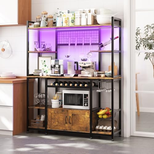 GarveeHome 55" Bakers Rack with Power Outlet and LED Light, 5-Tier Kitchen Microwave Stand Coffee Bar with Storage, 10 Hooks, Wire Basket, Metal Grid, Wine Rack, Goblet Holder, Rustic Brown