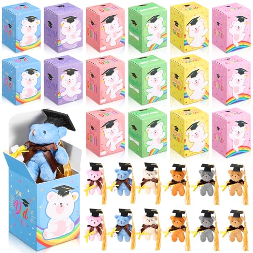 Trnayi 24 Set Mini Graduation Plush Bear with Graduation Gifts Box Graduation Stuffed Animal Keychain with Cap Gift Set for 2025 Graduation Party Graduation Decoration Classroom Exchange Gift
