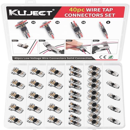 Kuject 40pcs Wire Tap Connectors Kit for 24-18 AWG, Quick Solderless No-Stripping T Tap Low Voltage Wire Connector, 3-Way 2-Pins 2-Way 1-Pin Splice Terminals for Automotive and LED Strip