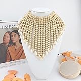 Coiris Boho African Acrylic Beaded Bib Statement Necklace Strands With Shell Layered Cluster Chunky Collar Choker Necklace for Women Fashion Costume Jewelry N0065-Off White+Shell